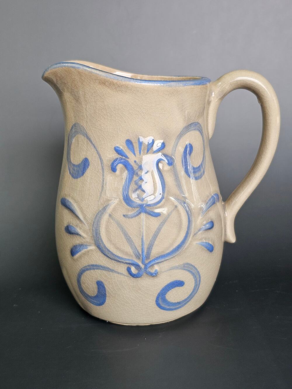 Vintage Blue + White Crackle Glaze Ceramic Folk Art Pitcher Vase